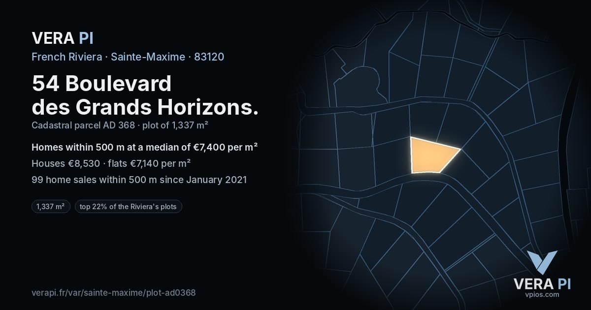 54 Boulevard des Grands Horizons, Sainte-Maxime at night – the plot lit, the parcels around coloured by the prices near them