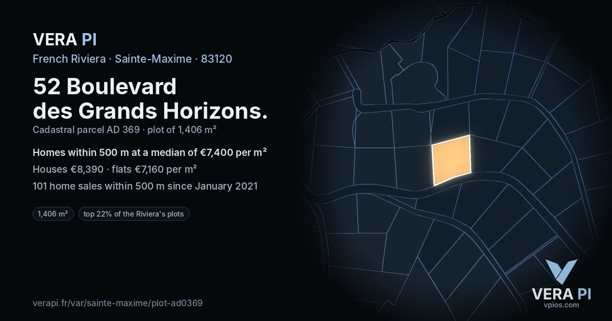 52 Boulevard des Grands Horizons, Sainte-Maxime at night – the plot lit, the parcels around coloured by the prices near them