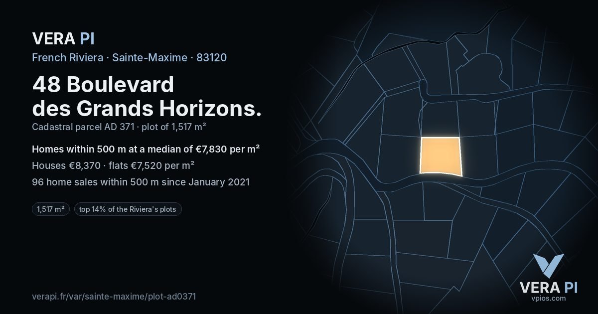 48 Boulevard des Grands Horizons, Sainte-Maxime at night – the plot lit, the parcels around coloured by the prices near them