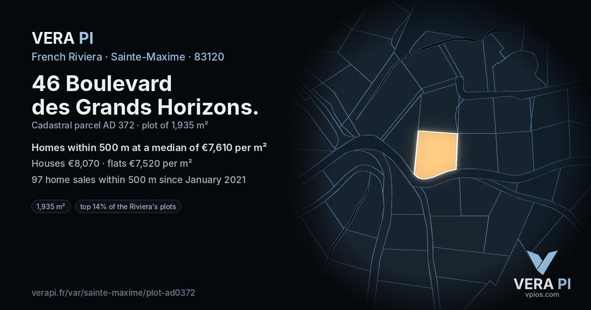 46 Boulevard des Grands Horizons, Sainte-Maxime at night – the plot lit, the parcels around coloured by the prices near them