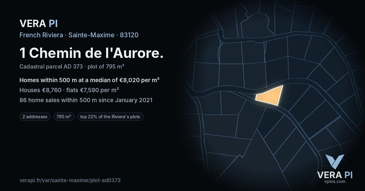 1 Chemin de l'Aurore, Sainte-Maxime at night – the plot lit, the parcels around coloured by the prices near them