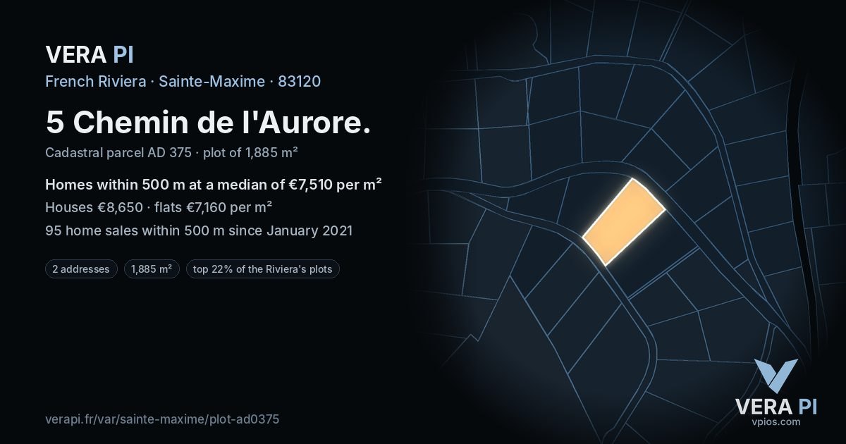 5 Chemin de l'Aurore, Sainte-Maxime at night – the plot lit, the parcels around coloured by the prices near them