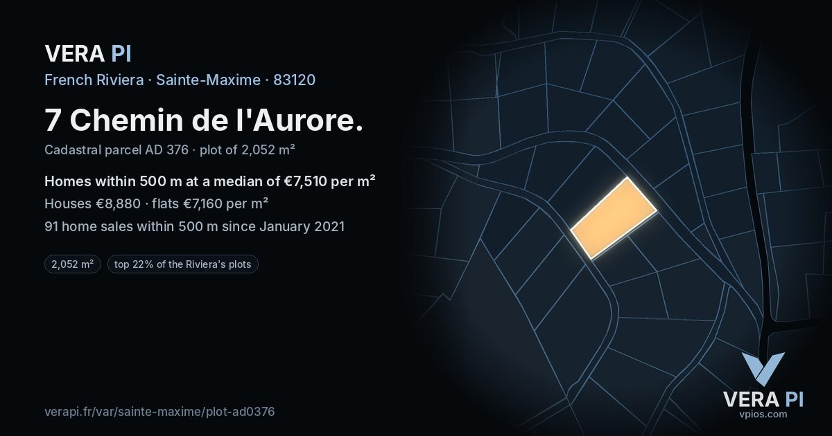 7 Chemin de l'Aurore, Sainte-Maxime at night – the plot lit, the parcels around coloured by the prices near them