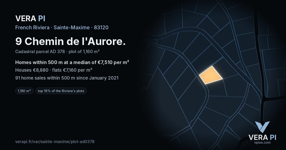 9 Chemin de l'Aurore, Sainte-Maxime at night – the plot lit, the parcels around coloured by the prices near them