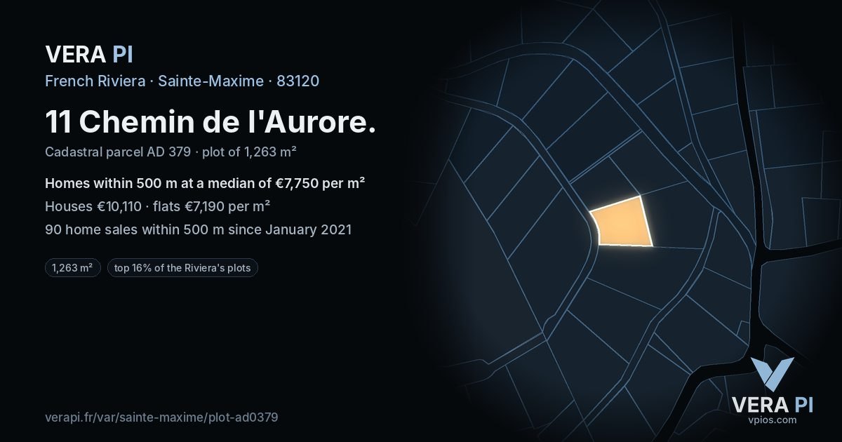 11 Chemin de l'Aurore, Sainte-Maxime at night – the plot lit, the parcels around coloured by the prices near them