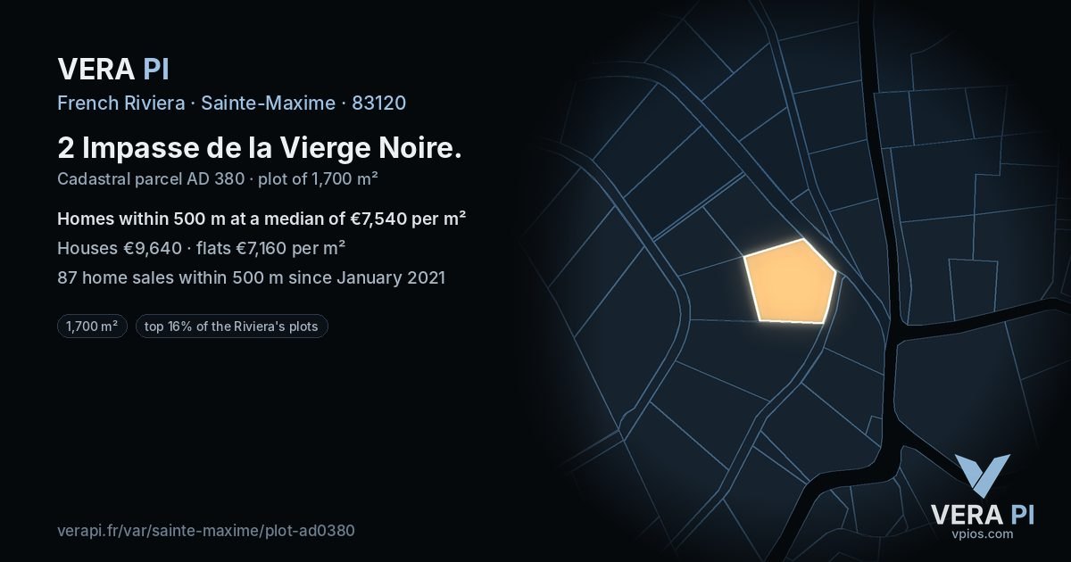 2 Impasse de la Vierge Noire, Sainte-Maxime at night – the plot lit, the parcels around coloured by the prices near them