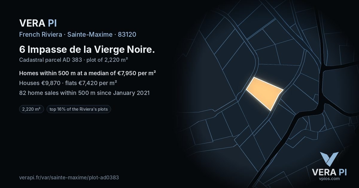 6 Impasse de la Vierge Noire, Sainte-Maxime at night – the plot lit, the parcels around coloured by the prices near them