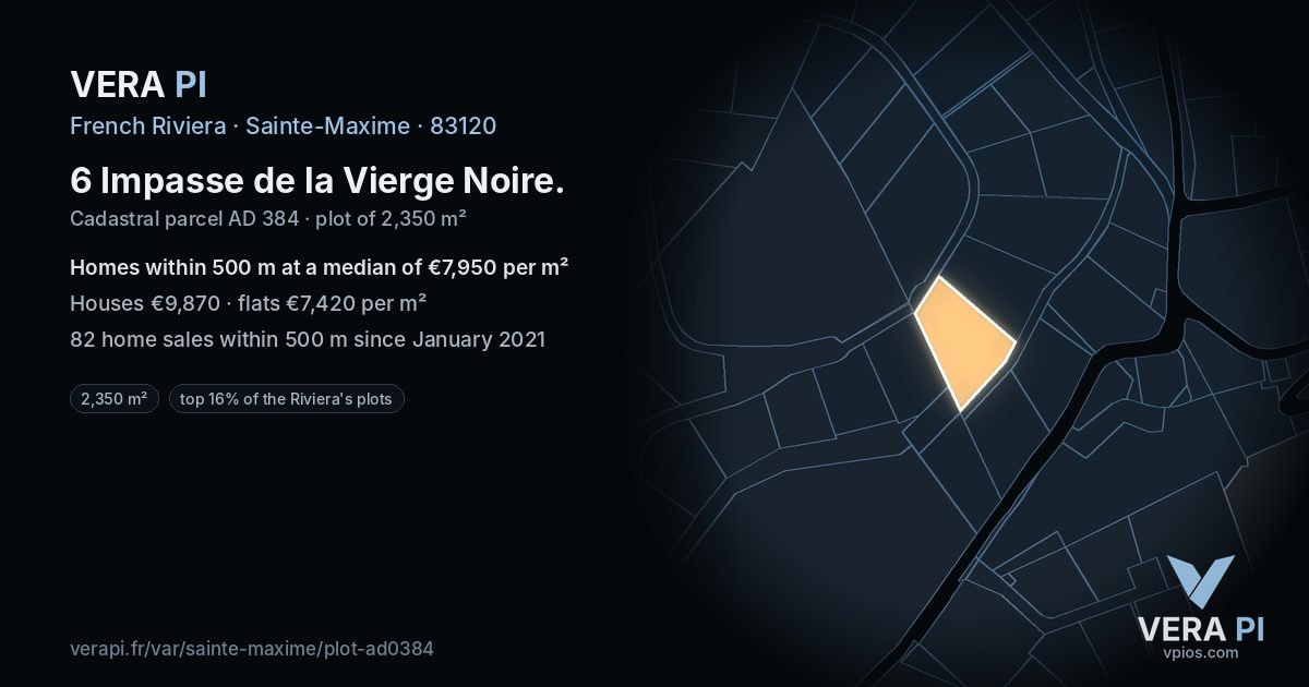 6 Impasse de la Vierge Noire, Sainte-Maxime at night – the plot lit, the parcels around coloured by the prices near them