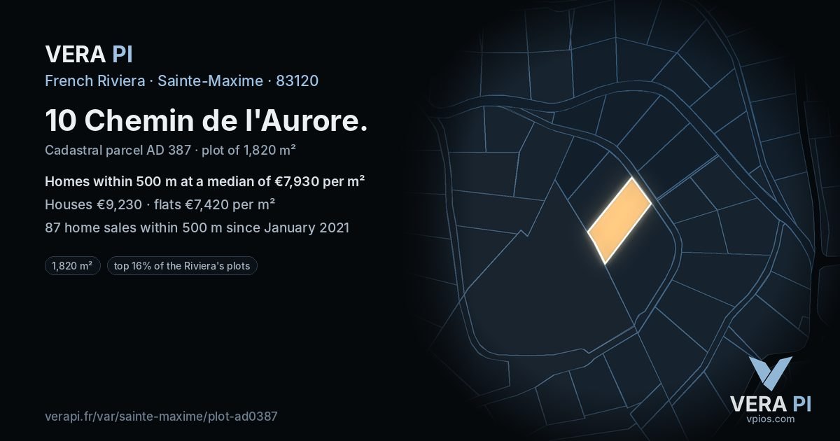 10 Chemin de l'Aurore, Sainte-Maxime at night – the plot lit, the parcels around coloured by the prices near them