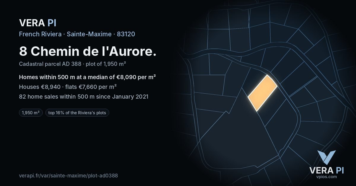 8 Chemin de l'Aurore, Sainte-Maxime at night – the plot lit, the parcels around coloured by the prices near them