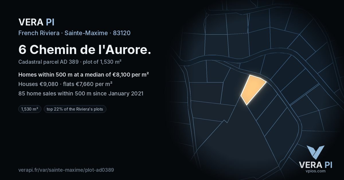 6 Chemin de l'Aurore, Sainte-Maxime at night – the plot lit, the parcels around coloured by the prices near them