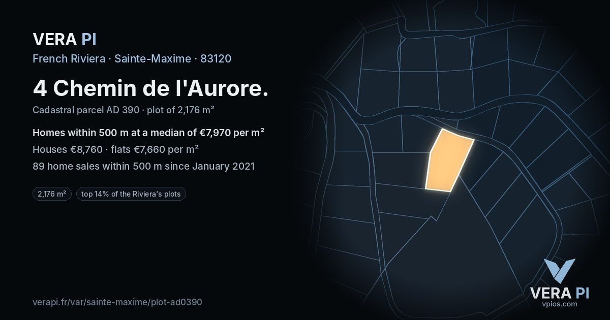 4 Chemin de l'Aurore, Sainte-Maxime at night – the plot lit, the parcels around coloured by the prices near them