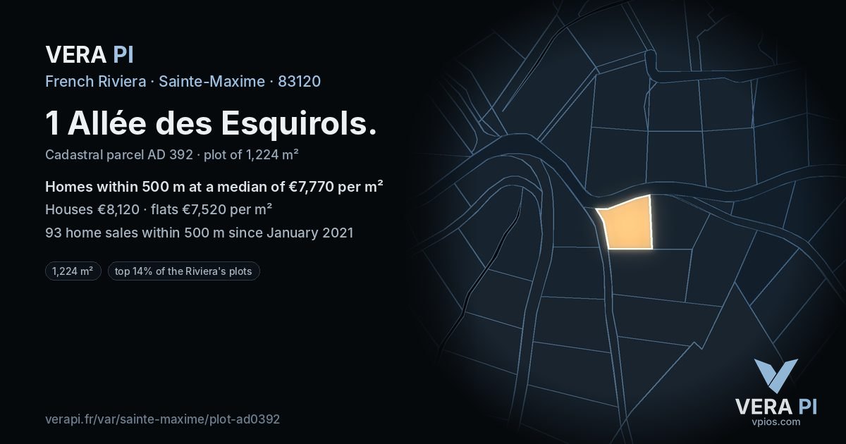 1 Allée des Esquirols, Sainte-Maxime at night – the plot lit, the parcels around coloured by the prices near them