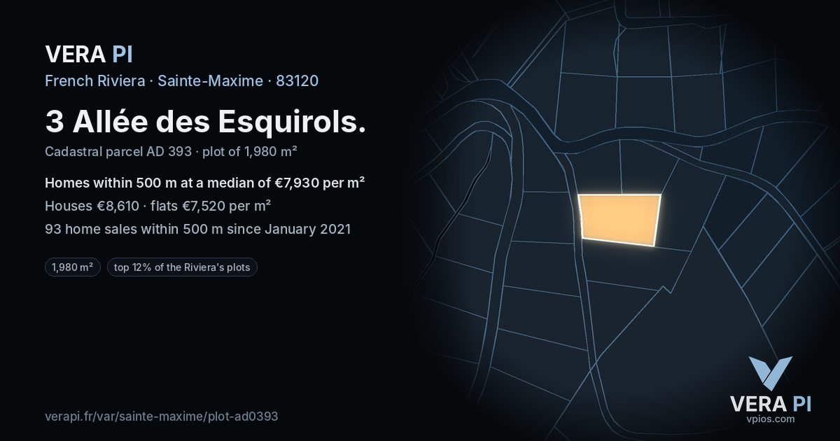 3 Allée des Esquirols, Sainte-Maxime at night – the plot lit, the parcels around coloured by the prices near them