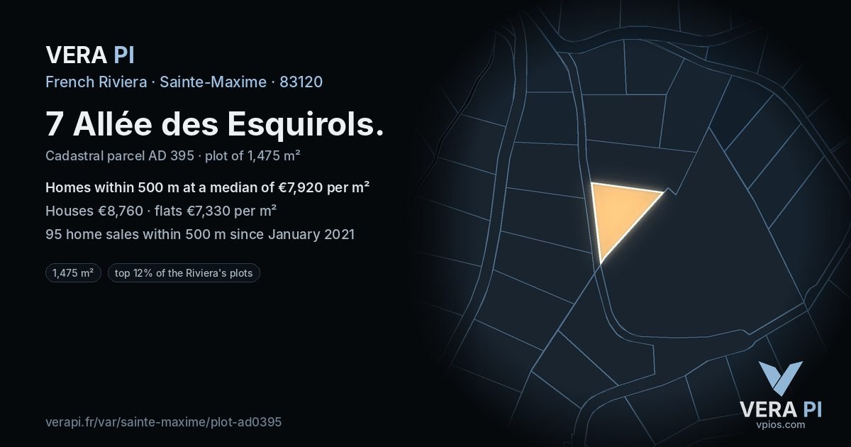 7 Allée des Esquirols, Sainte-Maxime at night – the plot lit, the parcels around coloured by the prices near them