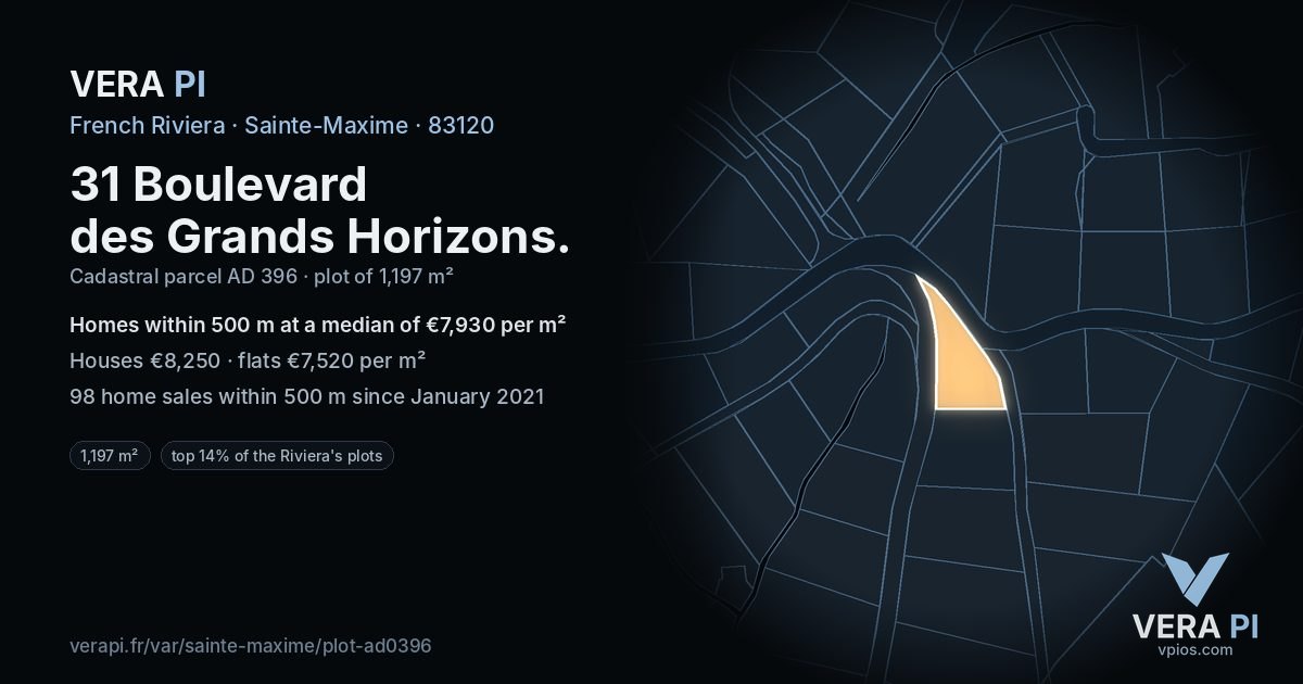 31 Boulevard des Grands Horizons, Sainte-Maxime at night – the plot lit, the parcels around coloured by the prices near them