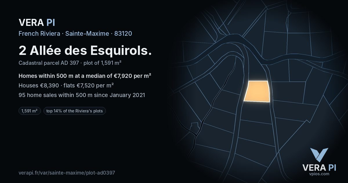 2 Allée des Esquirols, Sainte-Maxime at night – the plot lit, the parcels around coloured by the prices near them