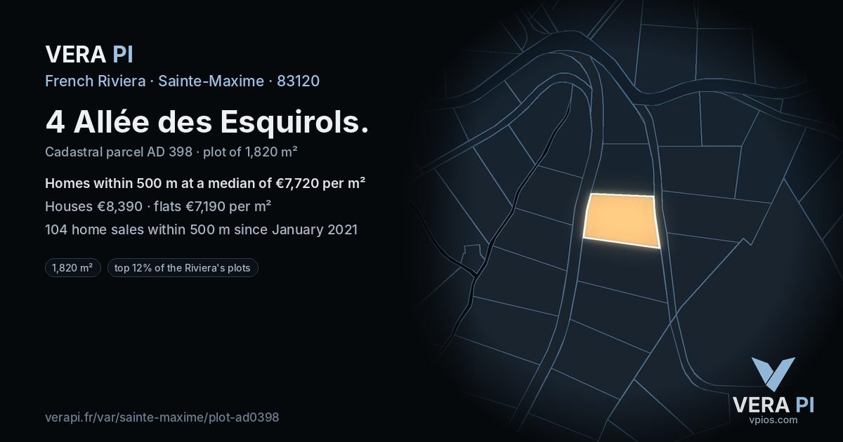 4 Allée des Esquirols, Sainte-Maxime at night – the plot lit, the parcels around coloured by the prices near them