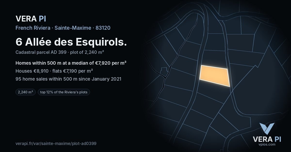 6 Allée des Esquirols, Sainte-Maxime at night – the plot lit, the parcels around coloured by the prices near them