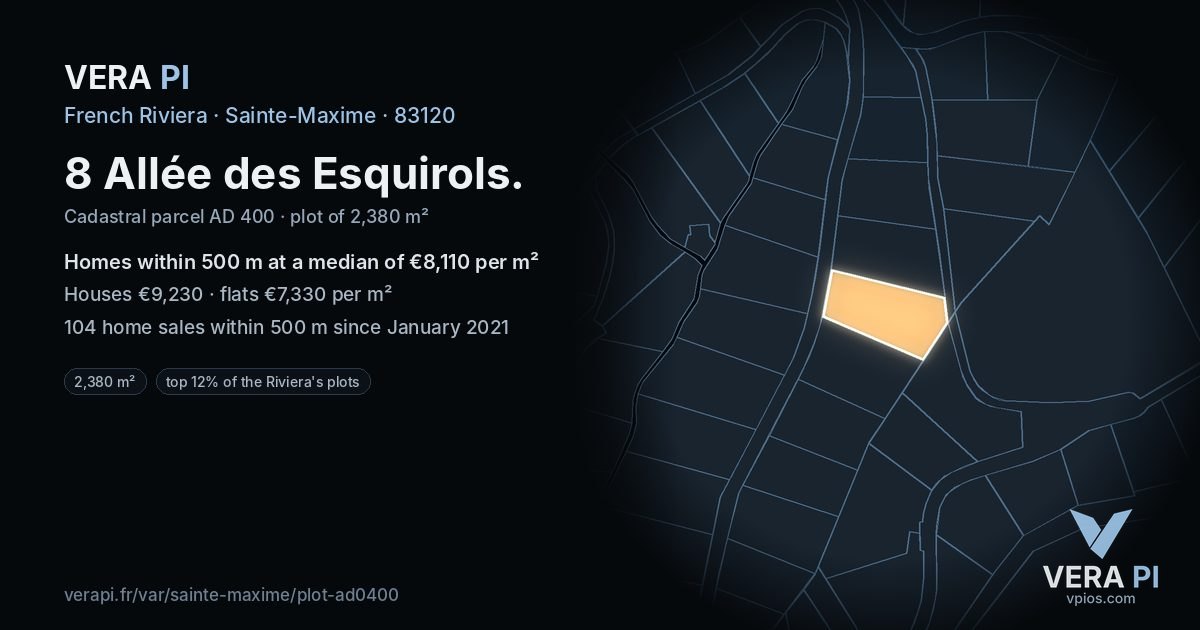 8 Allée des Esquirols, Sainte-Maxime at night – the plot lit, the parcels around coloured by the prices near them