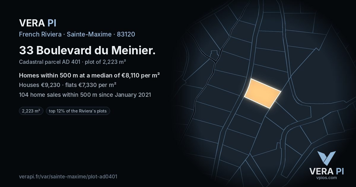 33 Boulevard du Meinier, Sainte-Maxime at night – the plot lit, the parcels around coloured by the prices near them