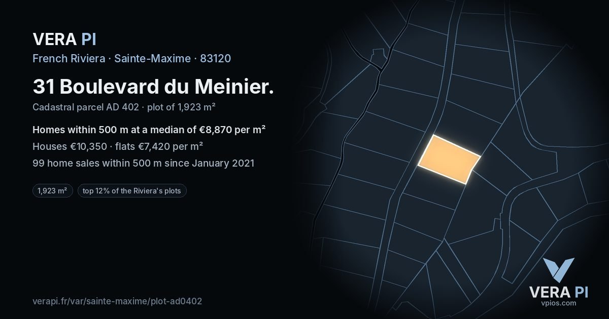 31 Boulevard du Meinier, Sainte-Maxime at night – the plot lit, the parcels around coloured by the prices near them