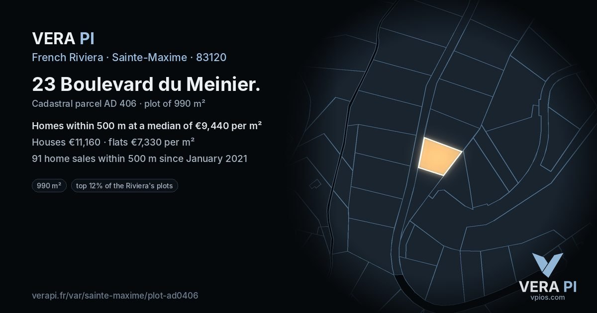 23 Boulevard du Meinier, Sainte-Maxime at night – the plot lit, the parcels around coloured by the prices near them