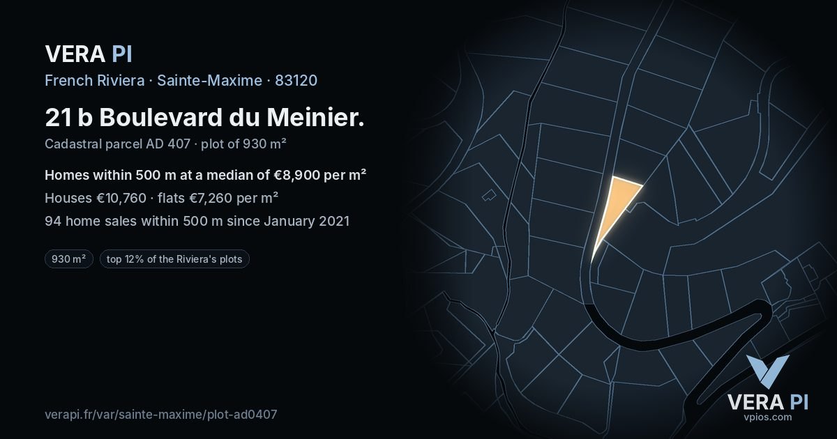 21 b Boulevard du Meinier, Sainte-Maxime at night – the plot lit, the parcels around coloured by the prices near them