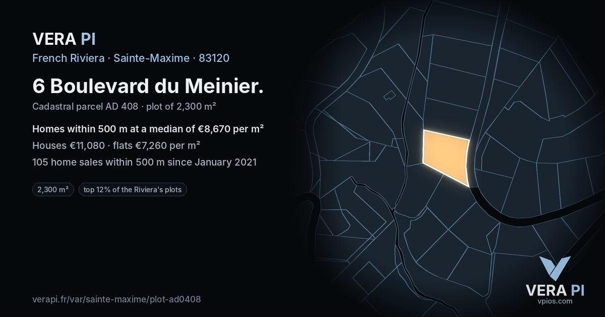 6 Boulevard du Meinier, Sainte-Maxime at night – the plot lit, the parcels around coloured by the prices near them