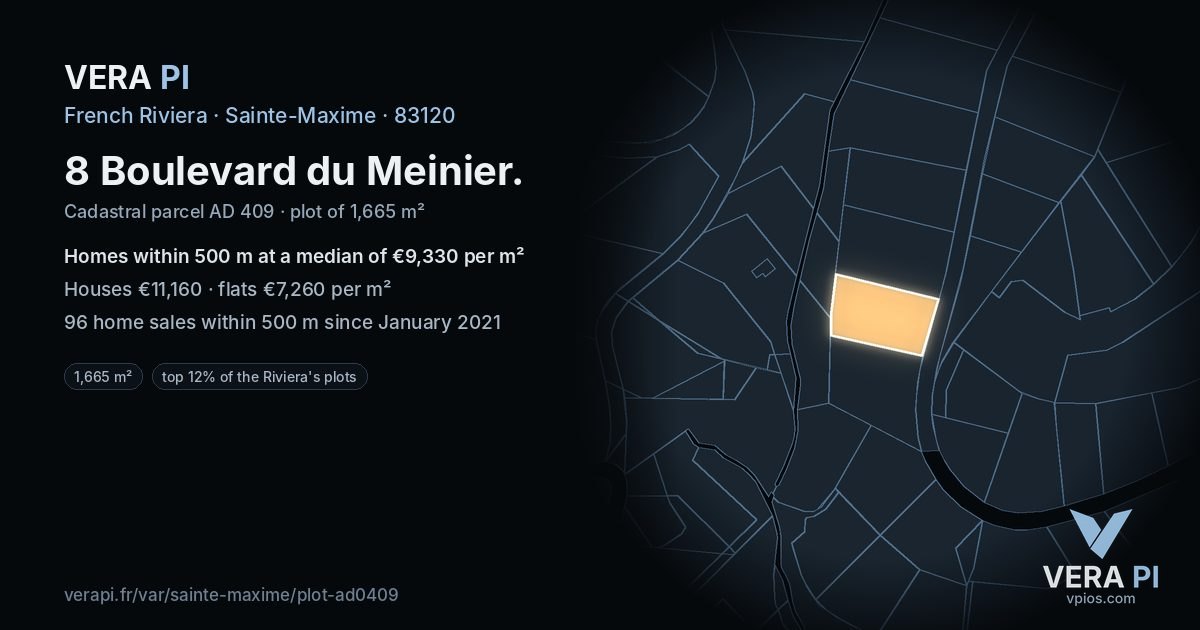 8 Boulevard du Meinier, Sainte-Maxime at night – the plot lit, the parcels around coloured by the prices near them