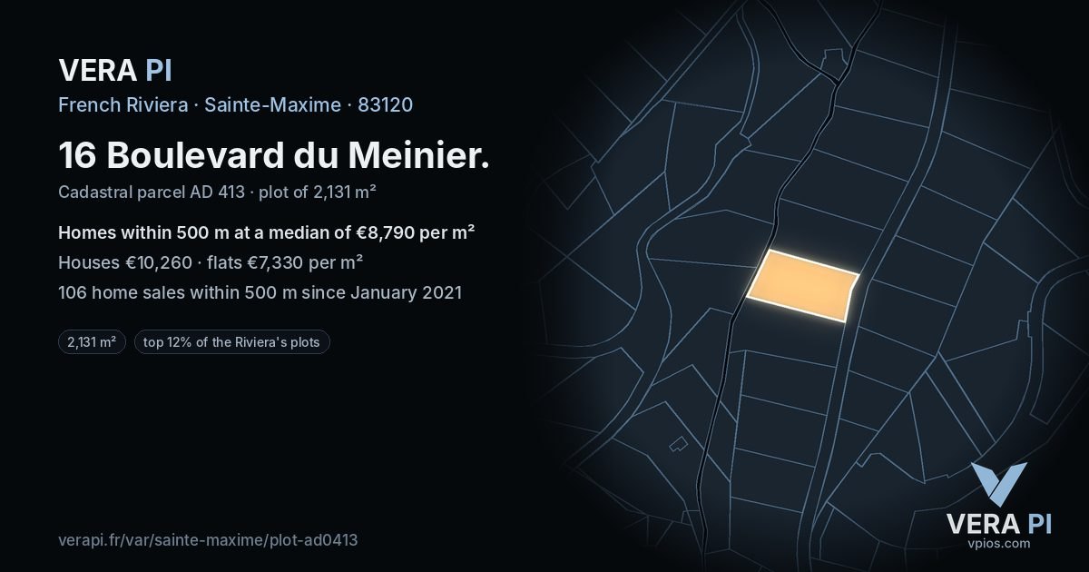 16 Boulevard du Meinier, Sainte-Maxime at night – the plot lit, the parcels around coloured by the prices near them