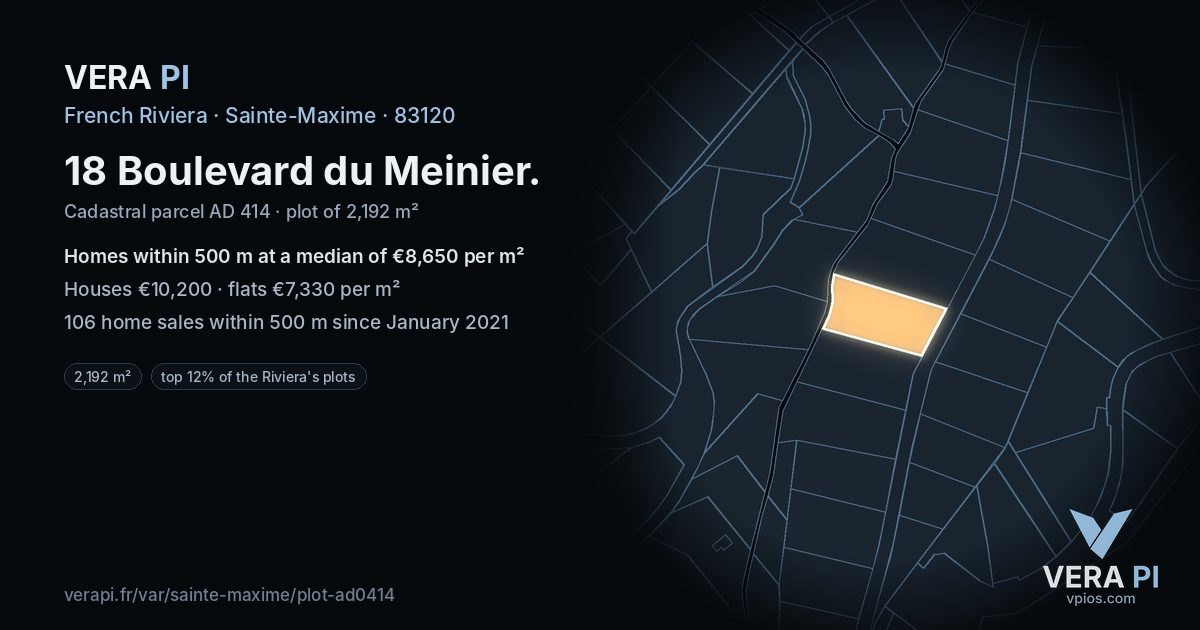 18 Boulevard du Meinier, Sainte-Maxime at night – the plot lit, the parcels around coloured by the prices near them