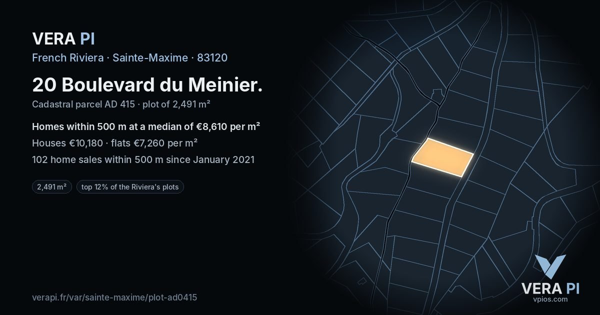 20 Boulevard du Meinier, Sainte-Maxime at night – the plot lit, the parcels around coloured by the prices near them