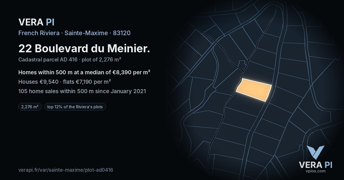 22 Boulevard du Meinier, Sainte-Maxime at night – the plot lit, the parcels around coloured by the prices near them