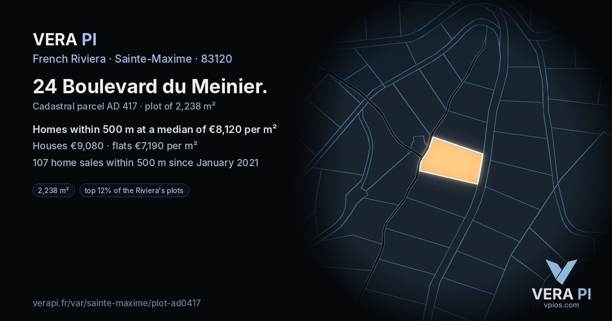 24 Boulevard du Meinier, Sainte-Maxime at night – the plot lit, the parcels around coloured by the prices near them