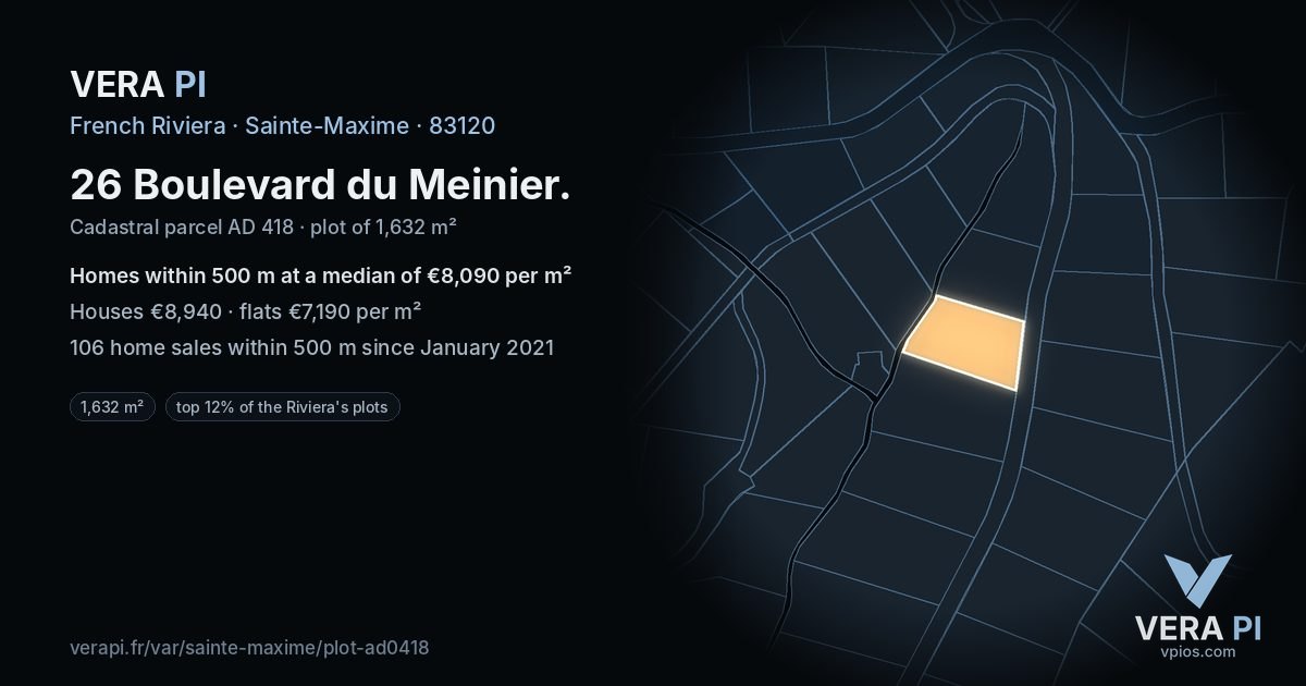 26 Boulevard du Meinier, Sainte-Maxime at night – the plot lit, the parcels around coloured by the prices near them