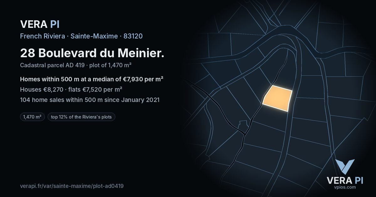28 Boulevard du Meinier, Sainte-Maxime at night – the plot lit, the parcels around coloured by the prices near them