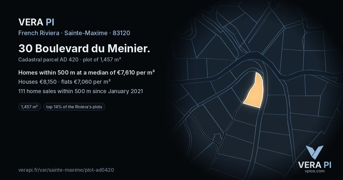 30 Boulevard du Meinier, Sainte-Maxime at night – the plot lit, the parcels around coloured by the prices near them