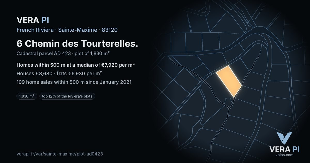 6 Chemin des Tourterelles, Sainte-Maxime at night – the plot lit, the parcels around coloured by the prices near them