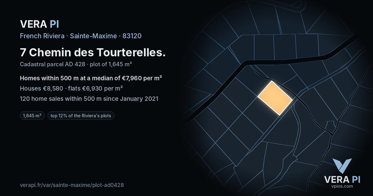 7 Chemin des Tourterelles, Sainte-Maxime at night – the plot lit, the parcels around coloured by the prices near them