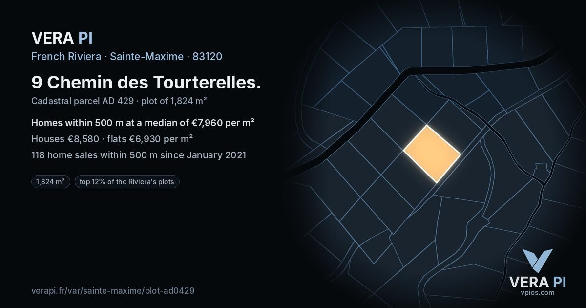 9 Chemin des Tourterelles, Sainte-Maxime at night – the plot lit, the parcels around coloured by the prices near them
