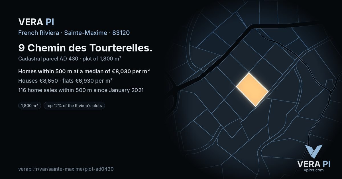 9 Chemin des Tourterelles, Sainte-Maxime at night – the plot lit, the parcels around coloured by the prices near them