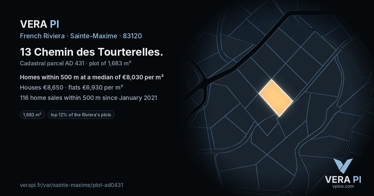 13 Chemin des Tourterelles, Sainte-Maxime at night – the plot lit, the parcels around coloured by the prices near them
