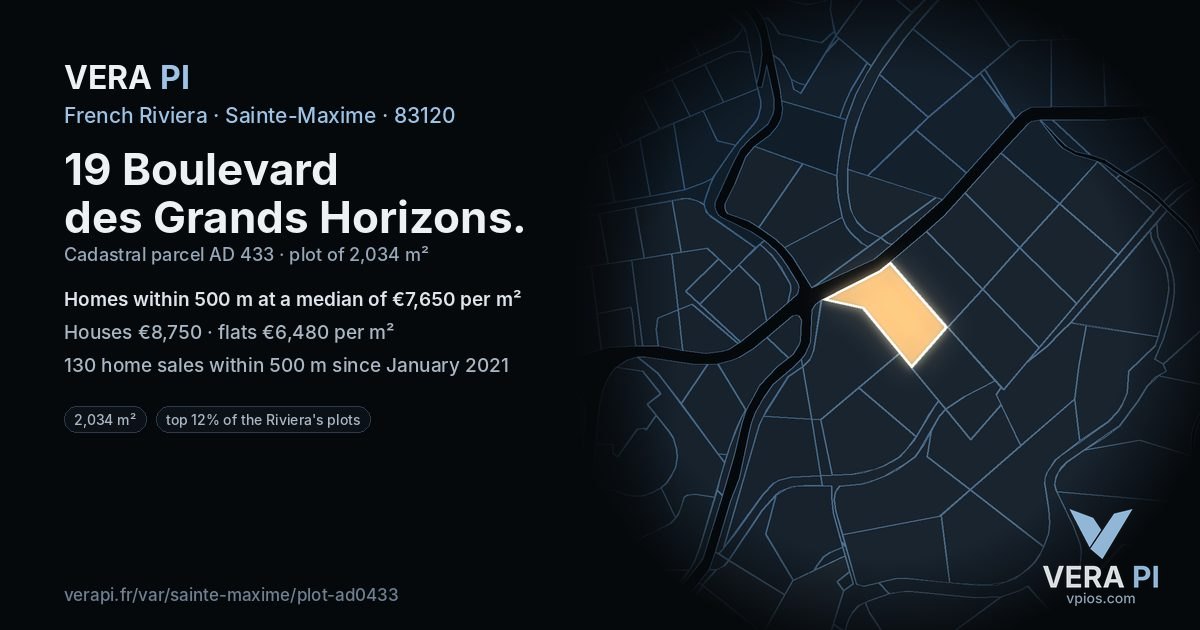 19 Boulevard des Grands Horizons, Sainte-Maxime at night – the plot lit, the parcels around coloured by the prices near them