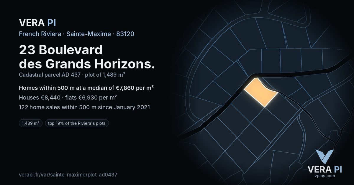 23 Boulevard des Grands Horizons, Sainte-Maxime at night – the plot lit, the parcels around coloured by the prices near them