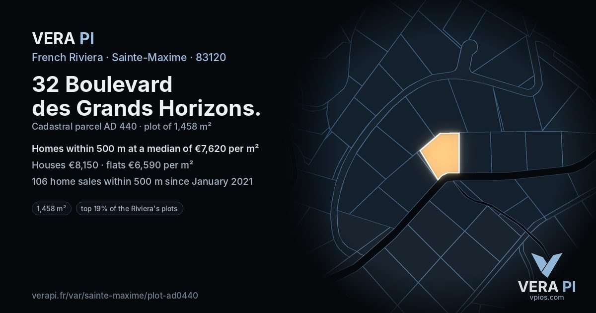 32 Boulevard des Grands Horizons, Sainte-Maxime at night – the plot lit, the parcels around coloured by the prices near them