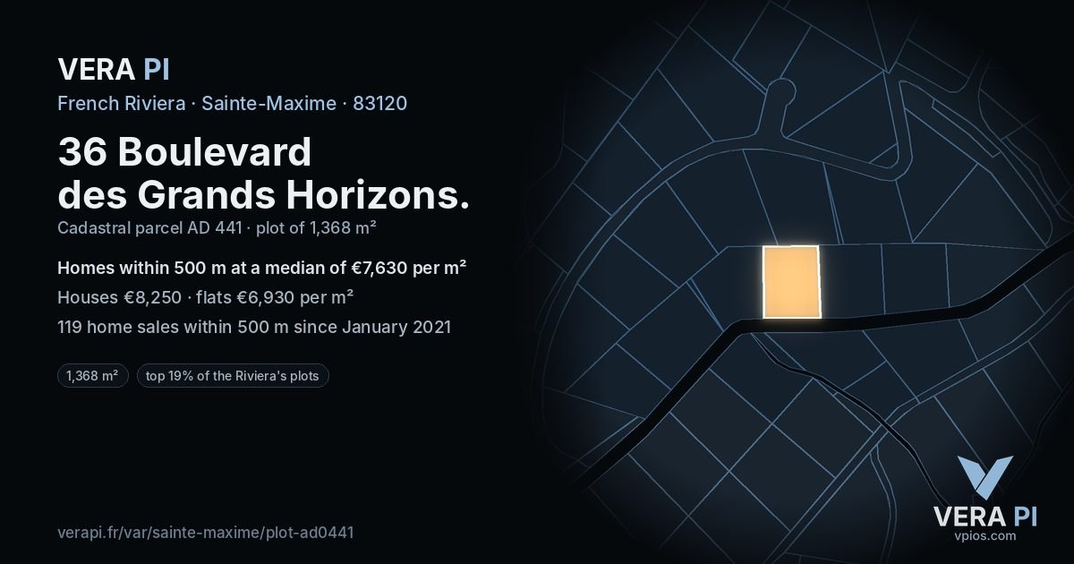 36 Boulevard des Grands Horizons, Sainte-Maxime at night – the plot lit, the parcels around coloured by the prices near them