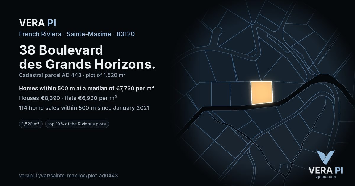 38 Boulevard des Grands Horizons, Sainte-Maxime at night – the plot lit, the parcels around coloured by the prices near them