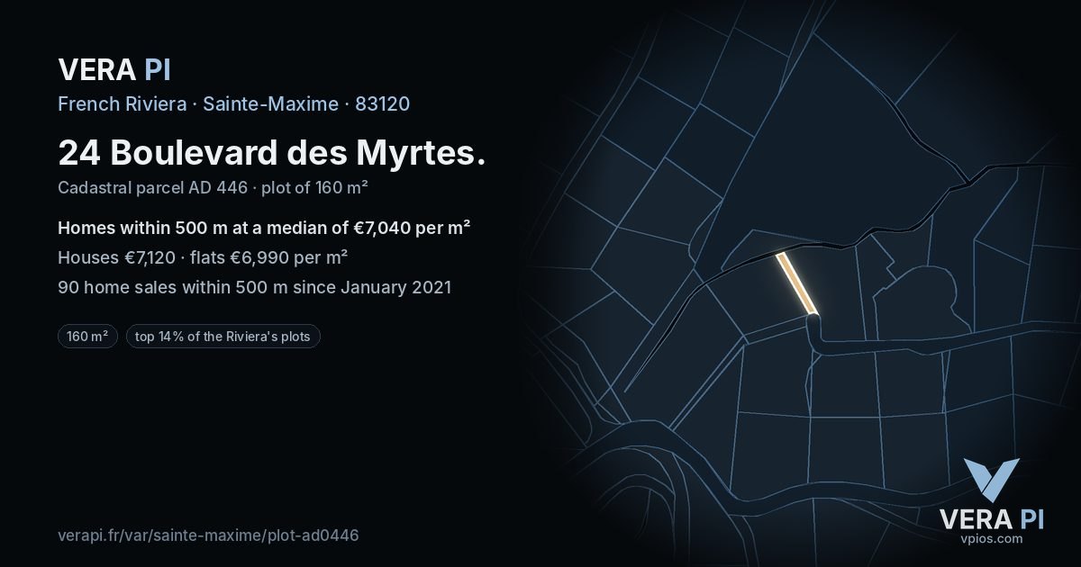 24 Boulevard des Myrtes, Sainte-Maxime at night – the plot lit, the parcels around coloured by the prices near them