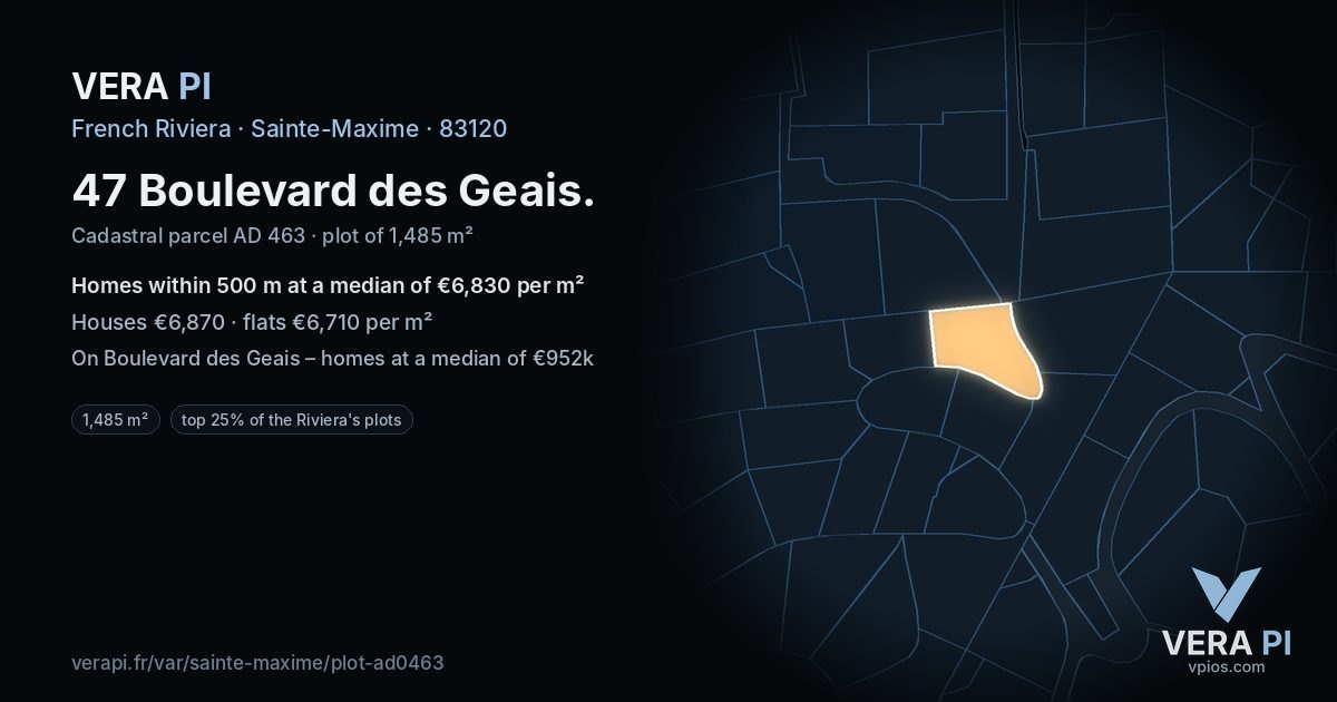 47 Boulevard des Geais, Sainte-Maxime at night – the plot lit, the parcels around coloured by the prices near them
